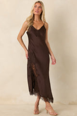 Just Like in the Movies Chocolate Satin Lace Slip Midi Dress