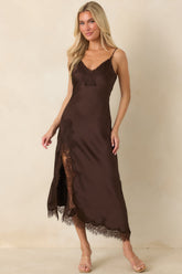 Just Like in the Movies Chocolate Satin Lace Slip Midi Dress