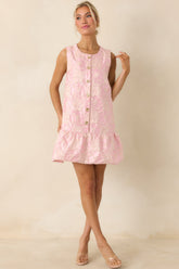 Something About Her Pink Metallic Floral Jacquard Button Front Mini Dress