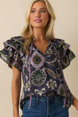 The Rest Is Certain Navy Multi Print Cotton Ruffle Sleeve Blouse
