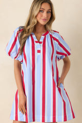 Sweet Summer State Red & Light Blue Stripe Cotton Puff Sleeve Mini Dress