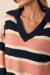 Well Played Navy & Mauve Brushed Knit Striped V-Neck Collared Sweater