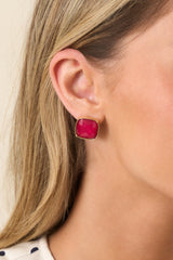 Too Cute To Cancel Gold & Cranberry Red Square Stud Earrings
