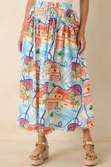 Where To Next? Coral Orange & Blue Multi Poolside Print Midi Skirt