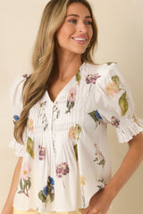 Just Add Flowers Ivory Multi Floral Print Pintuck Puff Sleeve Blouse