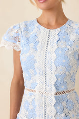 Tea with the Duchess Blue & Ivory Floral Lace Ruffle Hem Mini Dress