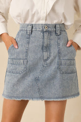 Off the Beaten Path Distressed Blue Stripe Cotton Denim Mini Skirt