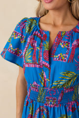 Postcards From Paradise Blue Multi Cotton Tropical Mosaic Print Tiered Maxi Dress