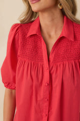 Precious As You Watermelon Red Cotton Puff Sleeve Smocked Button Up Blouse