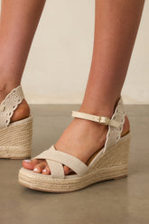 Taking It All In Beige Canvas Embroidered Eyelet Wedge Sandals