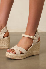 Taking It All In Beige Canvas Embroidered Eyelet Wedge Sandals