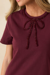 Tied To Charm Burgundy Cotton Beaded Bow Short Sleeve Top