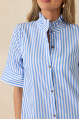 In Perfect Order Blue Stripe Button Front Ruffle Collar Midi Shirt Dress