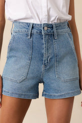 A Classic Touch Light Wash Cotton High Waisted Denim Shorts