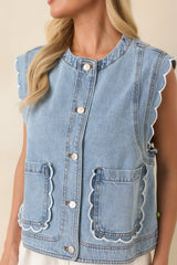 FRNCH Lillo Light Wash Cotton Denim Ruffle Detail Vest