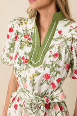 Taking A Chance Olive Green Floral Print Cotton Puff Sleeve Mini Dress
