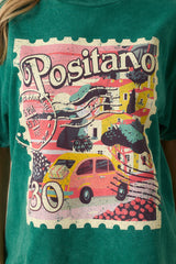 Sending Postcards Acid Wash Green Cotton Stamp Graphic Tee