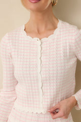 Soft Echoes White Stripe Pointelle Knit Button Up Cardigan