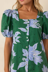 If You Ask Me Hunter Green & Blue Floral Cotton Puff Sleeve Mini Dress