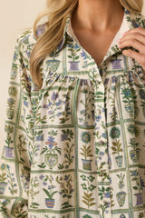 All Set Then Green Multi Floral Print Linen Blend Button Up Blouse