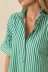 In Perfect Order Green Stripe Button Front Ruffle Collar Midi Shirt Dress