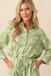 In My Flow Olive Green Tropical Print Linen Button Front Top