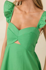 The Turning Point Green Cotton Cut Out Detail Flutter Sleeve Midi Dress