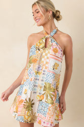 Twist & Spritz Citrus Patchwork Halter Mini Dress