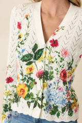 A Beautiful Arrangement Ivory Multi Floral Cotton Pointelle Cardigan