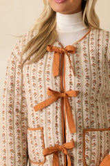 Take No Chances Orange Floral Print Cotton Quilted Bow Front Jacket
