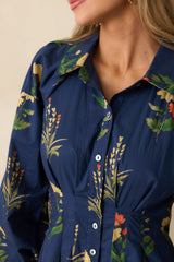 Endlessly Charmed Navy Multi Floral Print Cotton Button Front Maxi Dress