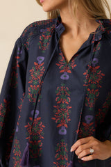 Starlit Garden Navy Multi Floral Print Cotton Peasant Top