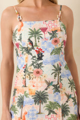 Sipping Under the Palms Multi Tropical Print Bead Detail Midi Dress