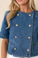 Across the Way Medium Wash Cotton Denim Double Breasted Top
