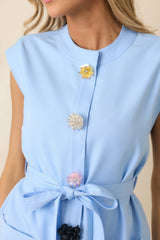 Details Make It Light Blue Statement Button-Front Belted Tunic Top