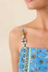Sipping Under the Palms Blue Multi Tropical Print Bead Detail Midi Dress