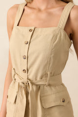 Out And About Beige Button Front Linen Blend Romper