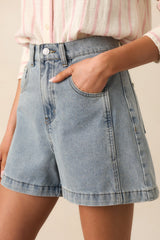 Doing It My Way Light Wash Cotton High Waisted Denim Shorts