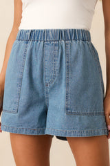 Off We Go Medium Wash Elastic Waist Cotton Denim Shorts