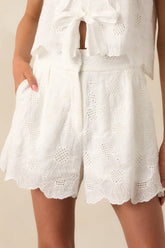 Slowly By Surely White Floral Cotton Embroidered Eyelet Shorts