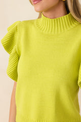 Watch Her Work Chartreuse Green Knit Flutter Sleeve Top