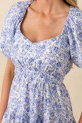 MINKPINK Blue Floral Print Evelyn Puff Sleeve Mini Dress