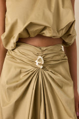 Get My Good Side Tan Ruched Drape Maxi Skirt