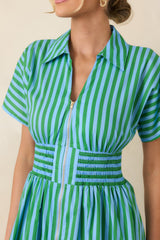 Put It in Motion Light Blue & Green Stripe Cotton Midi Dress
