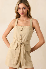 Out And About Beige Button Front Linen Blend Romper