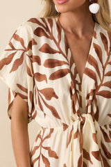Stepping Into Greatness Light Brown Botanical Print Jumpsuit