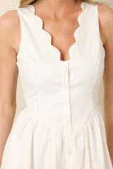 The High Life White Cotton Scalloped V-Neck Midi Dress