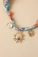 Sun Story Orange Multi Scarf Gold Charm Necklace