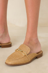 Going First Class Natural Raffia Faux Leather Mule Loafers
