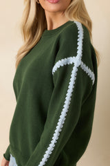 Along The Lines Moss Green Cotton Knit Crochet Trim Sweater